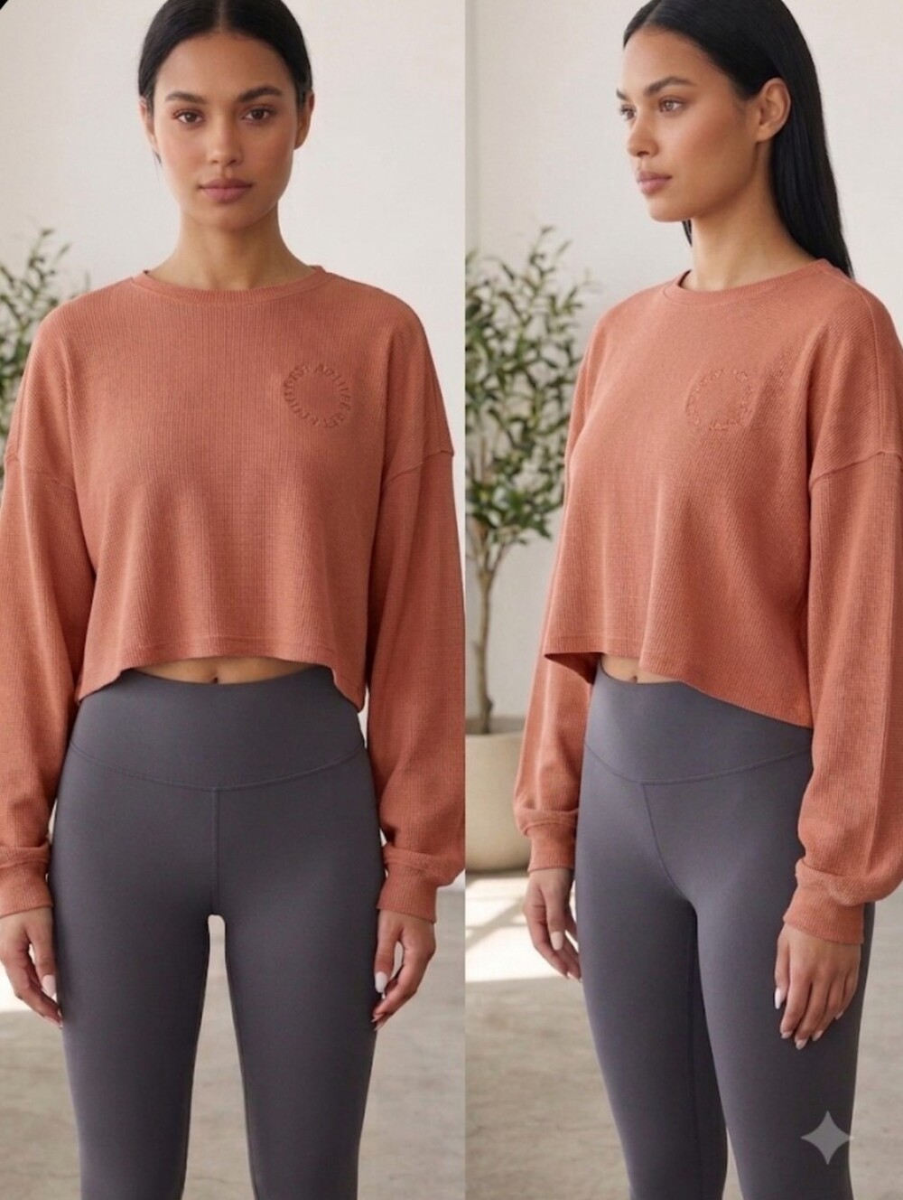 Set Active Waffle Knit Long Sleeve Crop Top , S